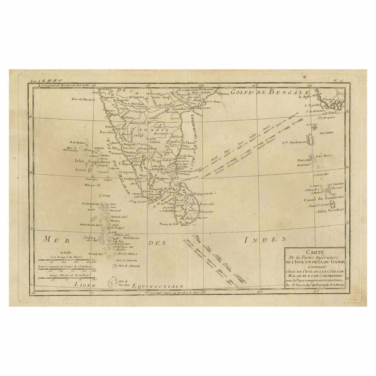 Antique Map Of Southern India The Maldives And Sri Lanka With Currents