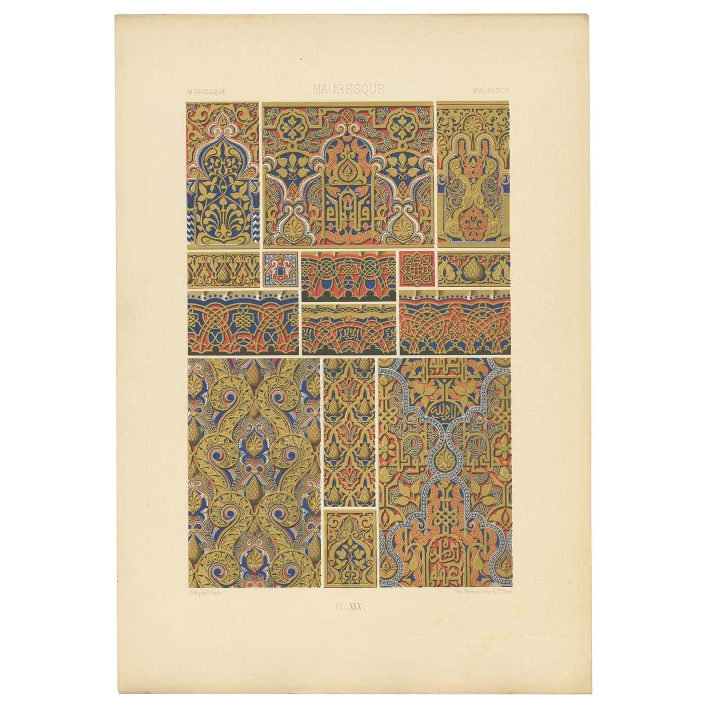 Antique Decorative Print Of Moresque Ornaments, Circa 1890