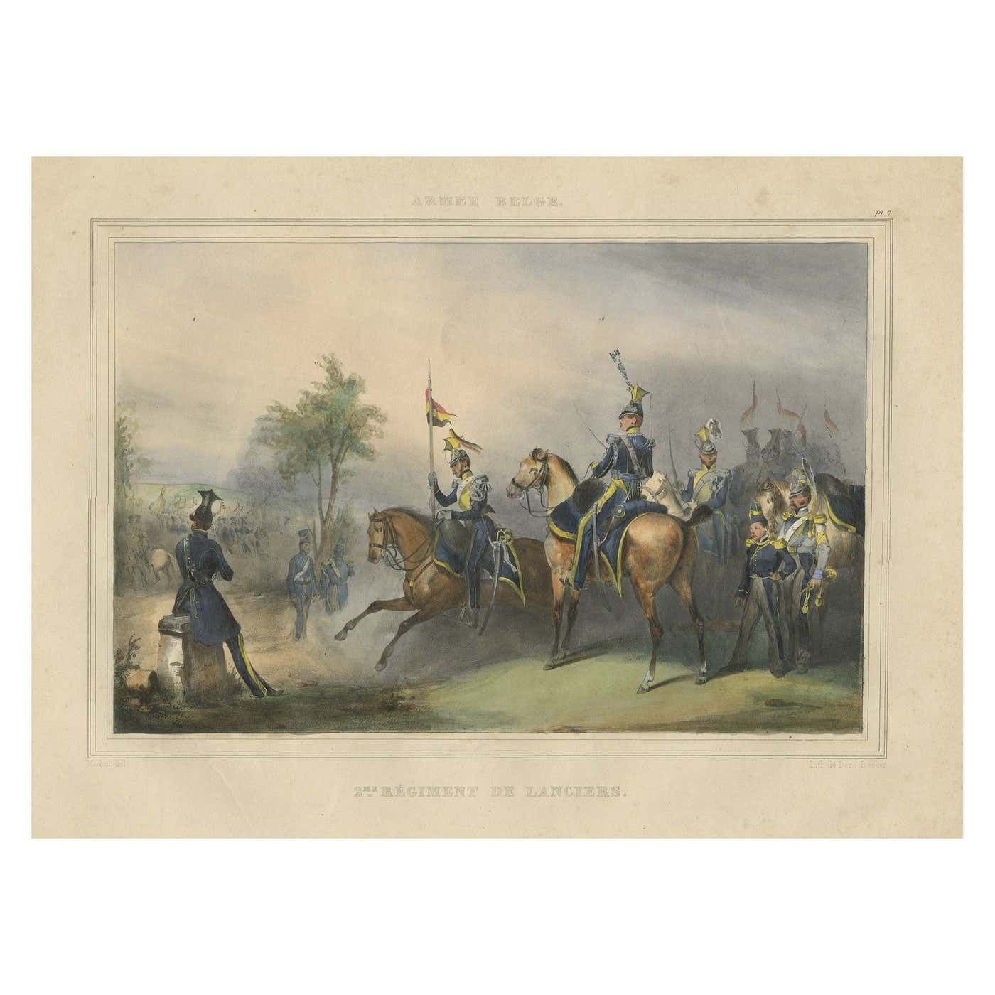 Nicely Hand Colored Print Of A Belgium Army Regiment Riding Horses, 1833