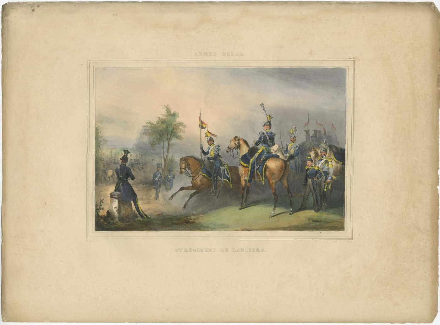 Nicely Hand Colored Print Of A Belgium Army Regiment Riding Horses, 1833 photo furniture
