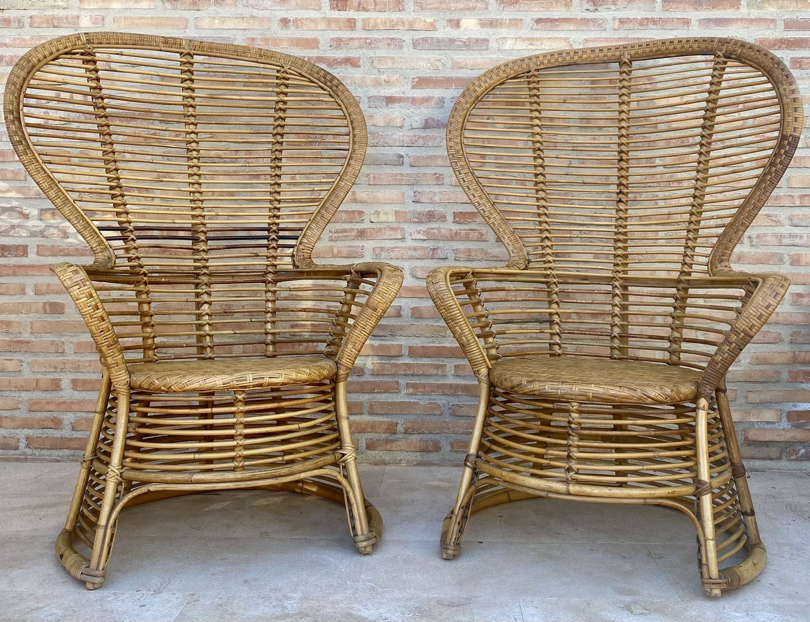 Spanish 70's Bamboo Wicker High Back Armchair, Set Of Two photo Furniture