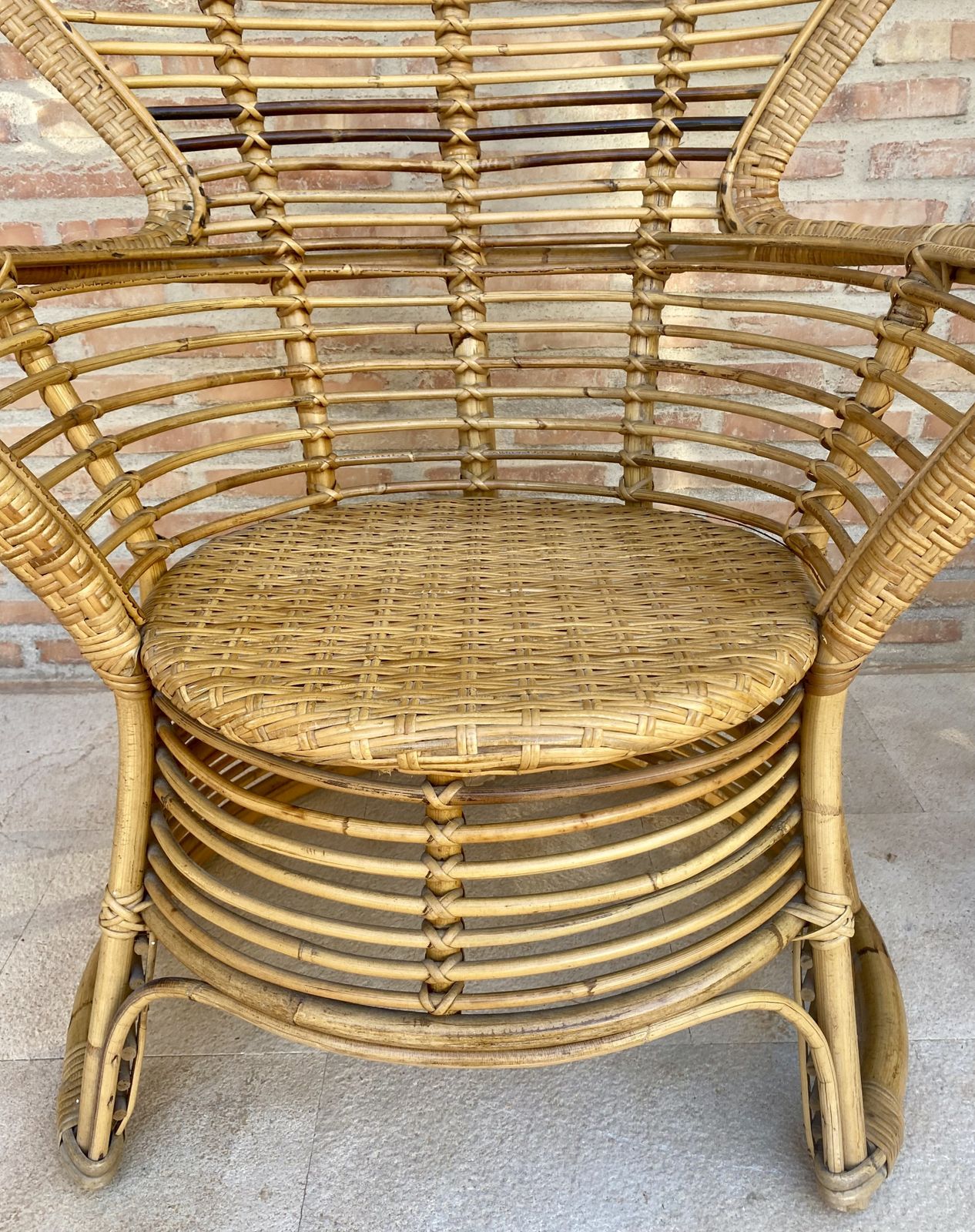 Spanish 70's Bamboo Wicker High Back Armchair, Set Of Two photo vinterior