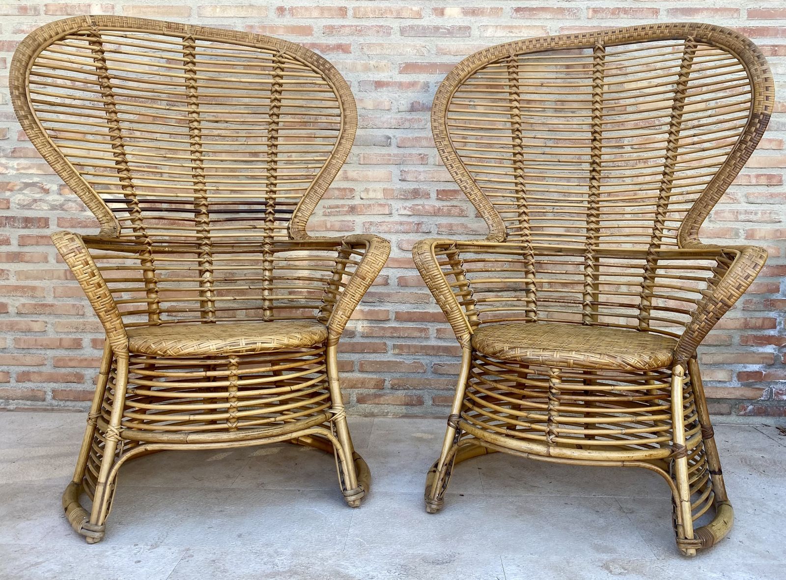 Spanish 70's Bamboo Wicker High Back Armchair, Set Of Two photo buy