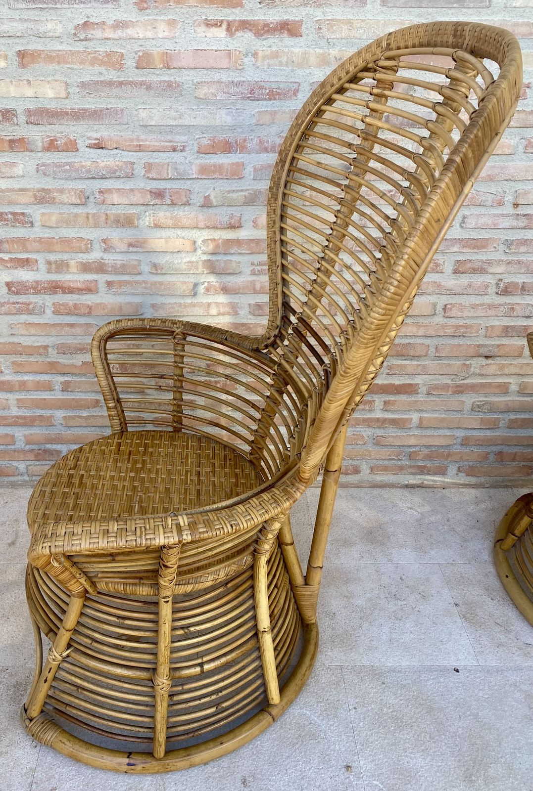 photo furniture Spanish 70's Bamboo Wicker High Back Armchair, Set Of Two
