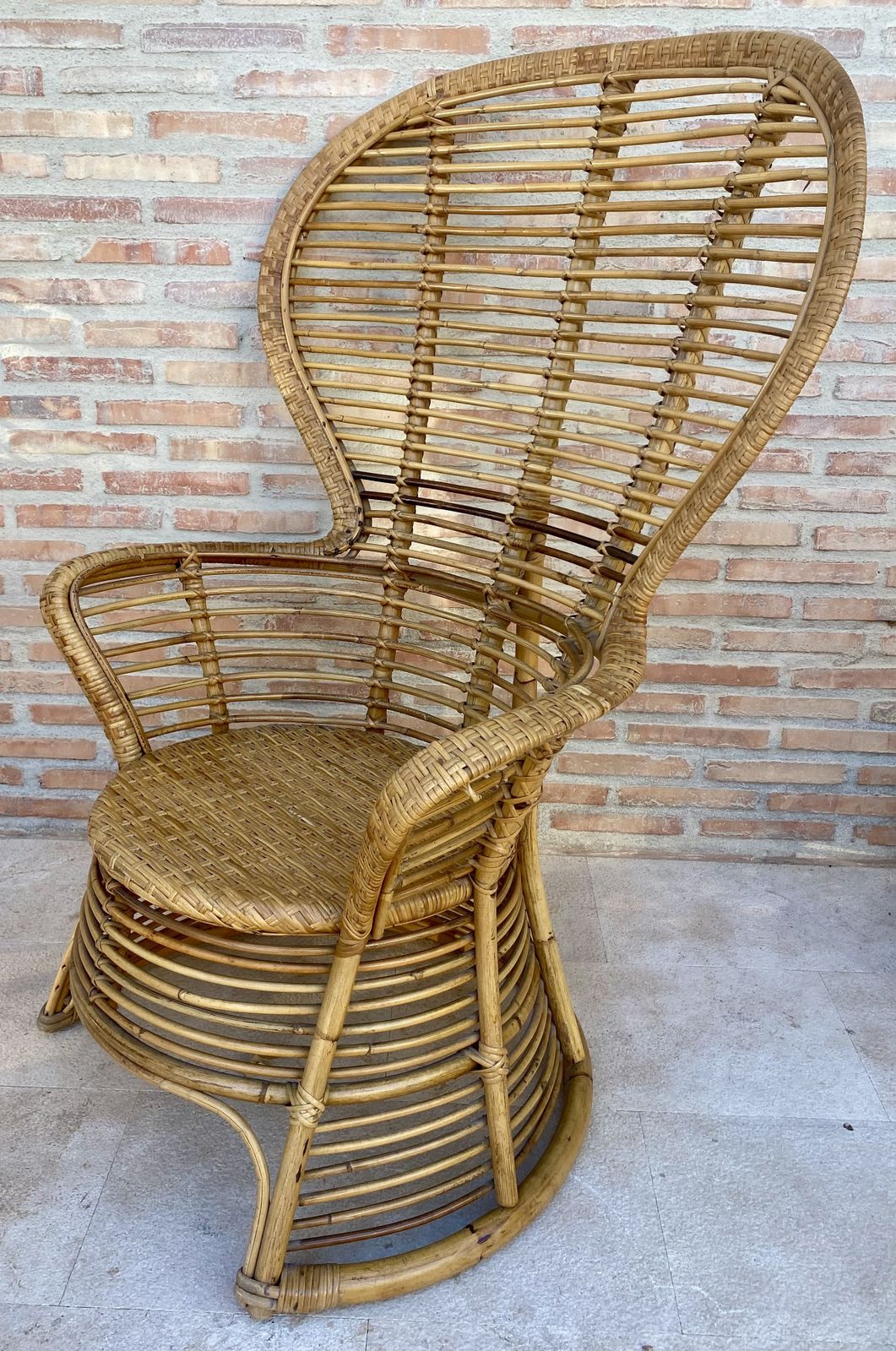 photo for sale Spanish 70's Bamboo Wicker High Back Armchair, Set Of Two