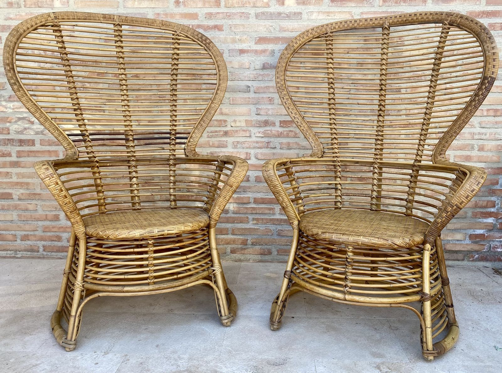 Furniture Spanish 70's Bamboo Wicker High Back Armchair, Set Of Two photo