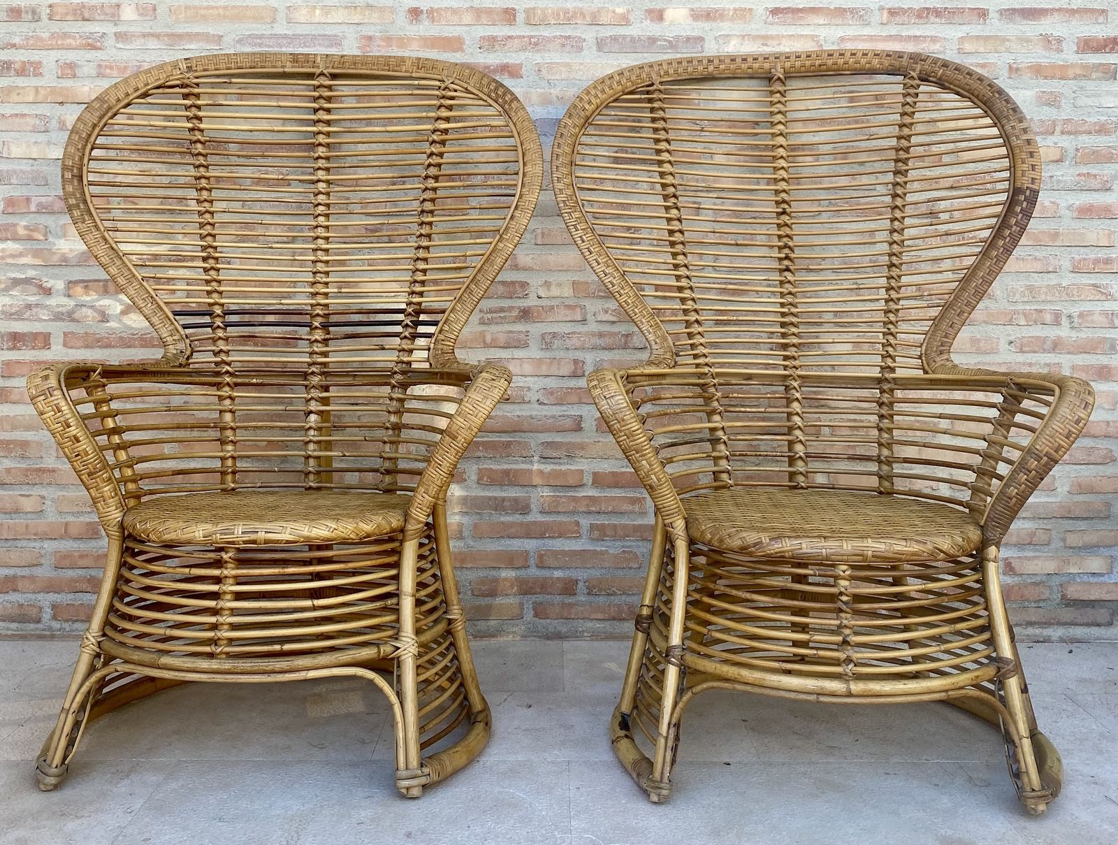 1810.0 Spanish 70's Bamboo Wicker High Back Armchair, Set Of Two photo