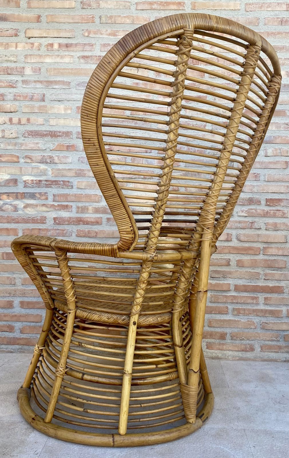 photo vintage Spanish 70's Bamboo Wicker High Back Armchair, Set Of Two