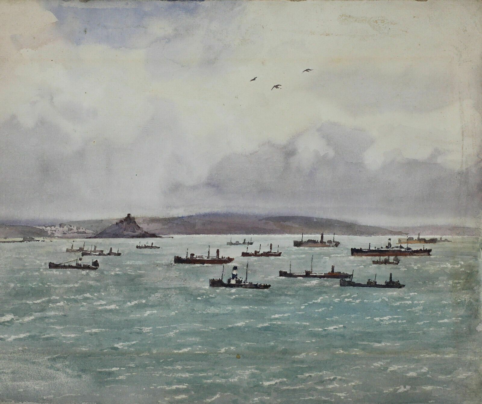 Watercolour By Newlyn Artist John Gutteridge Sykes. Sheltering In The Bay.