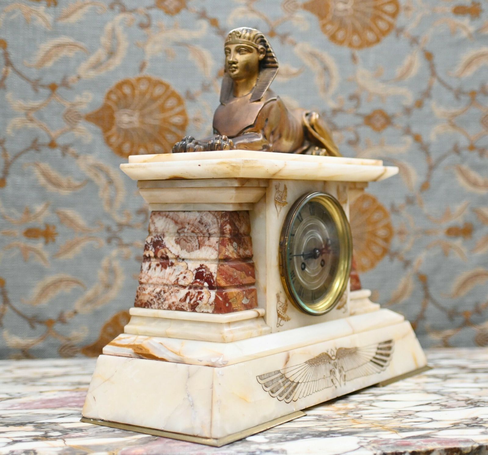 French Empire Clock Mantel Gilded Spinx Marble 1880 photo for sale