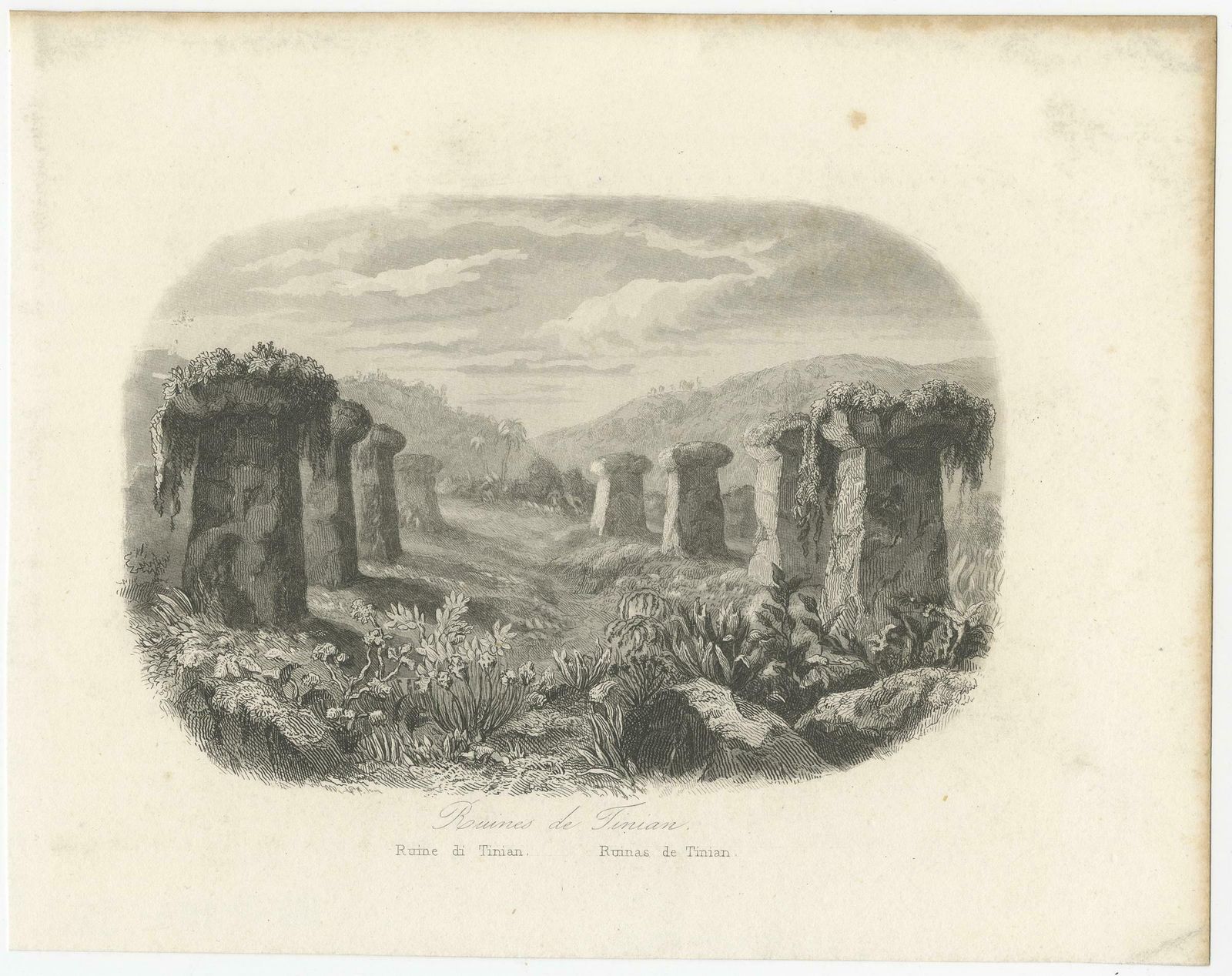 Small Antique Print Of Ruins Of Ancient Columns On Tinian Island photo for sale