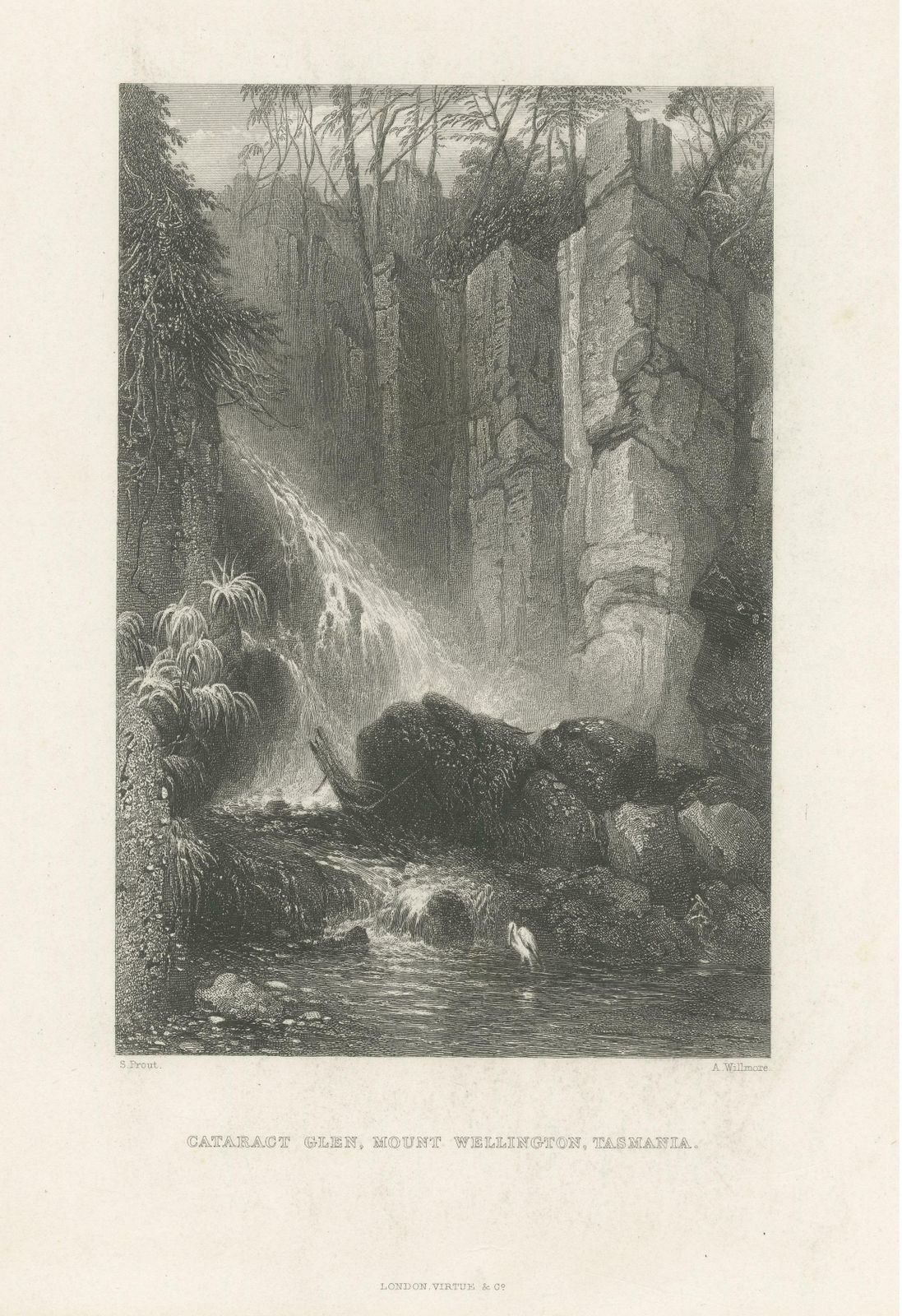 Antique Print Of A Waterfall Near Mount Wellington, Tasmania, Australia photo for sale
