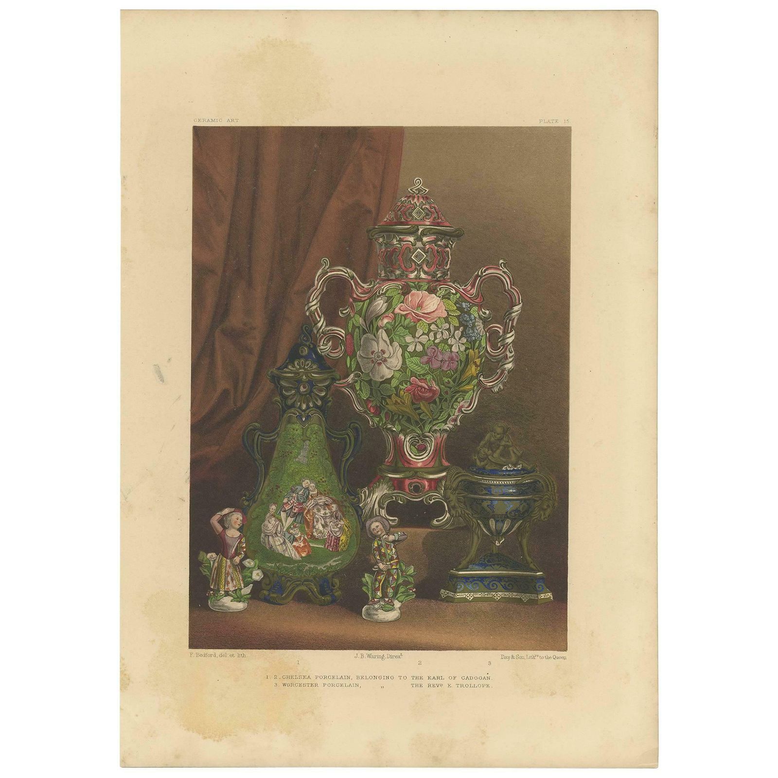Antique Print Of Chelsea And Worcester Porcelain, Circa 1857