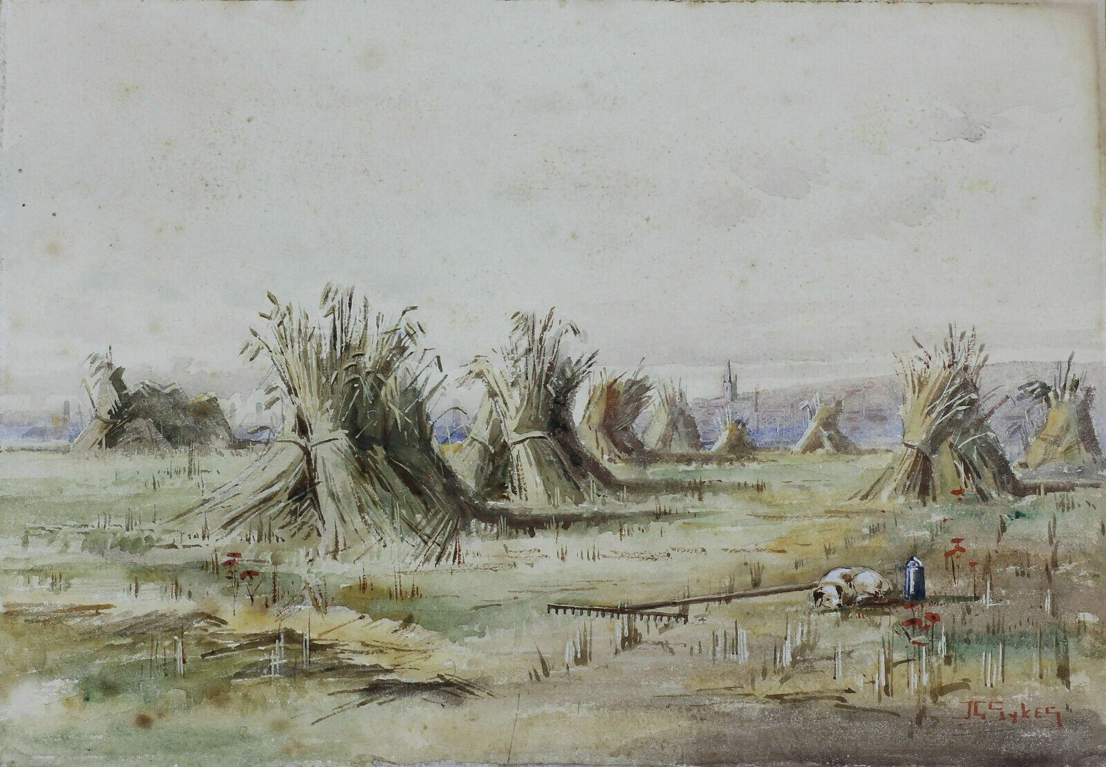 Watercolour By John Gutteridge Sykes. Haystooks And A Dog