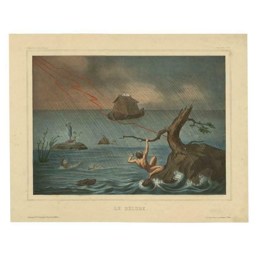 Antique Hand Colored Print Of 'The Deluge' By Becquet, Circa 1840
