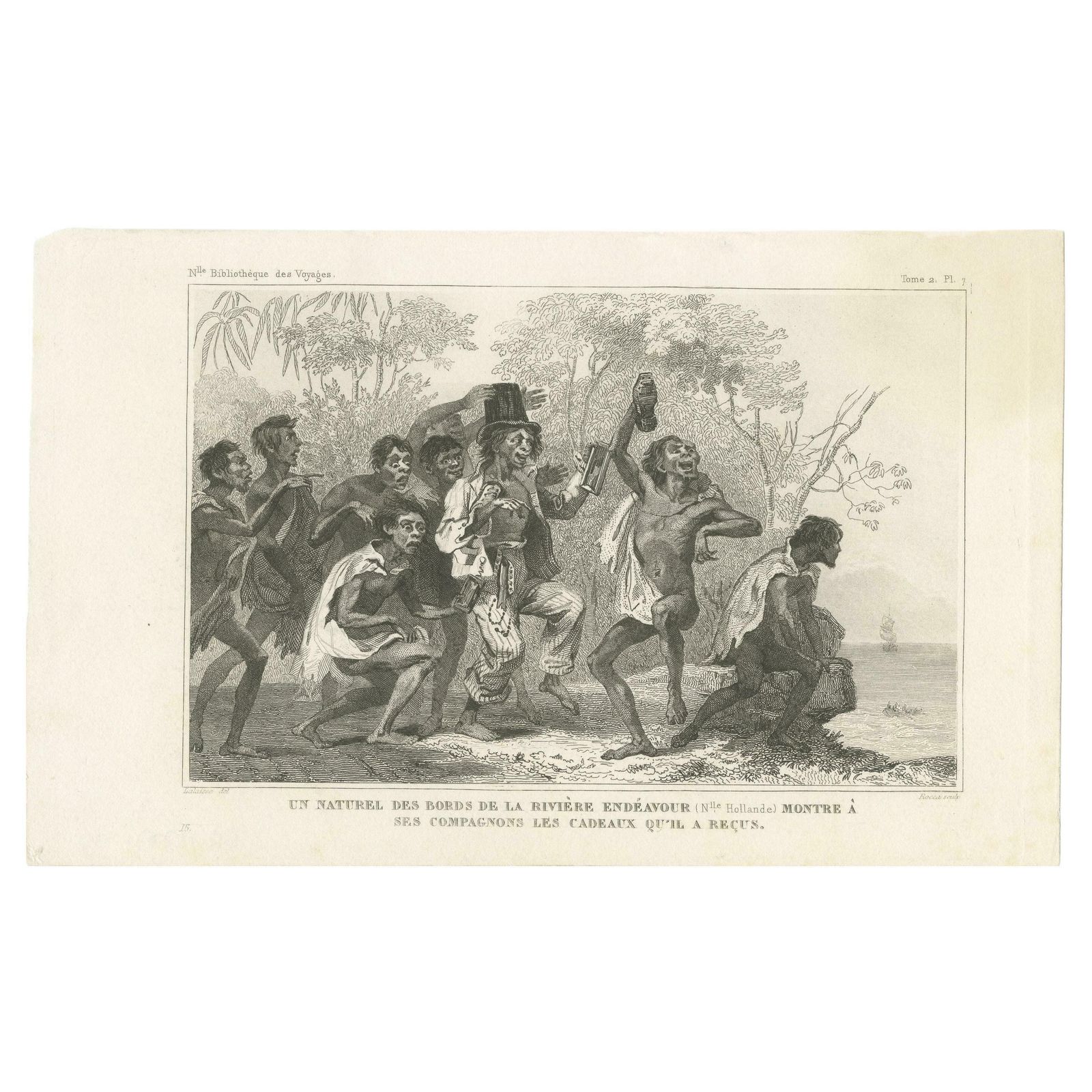 Antique Print Of A Native Near The Endeavour River Showing The Gift He Received