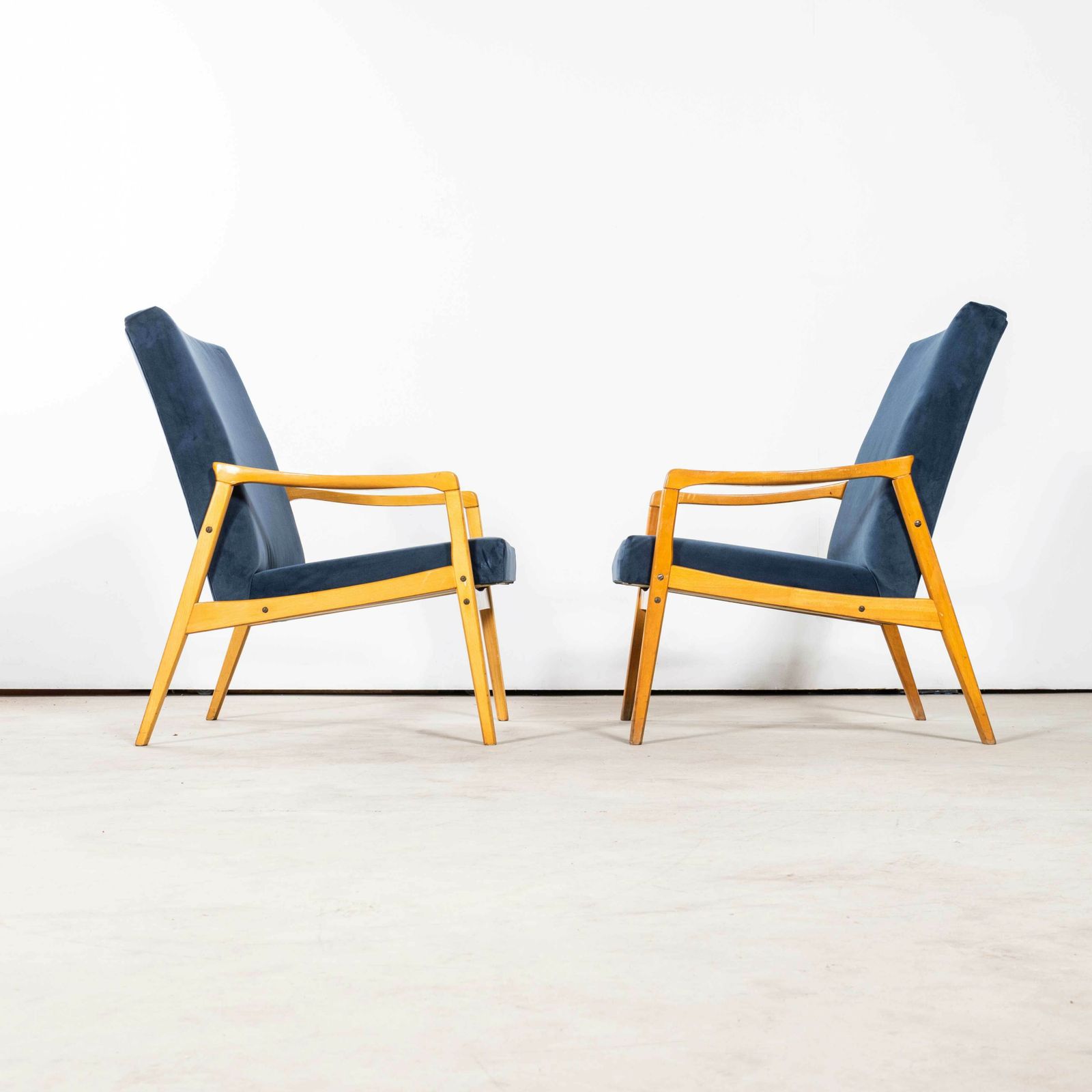 1950’s Jaroslav Smidek Original Re Upholstered Armchairs – Pair In Teal Blue photo vinterior