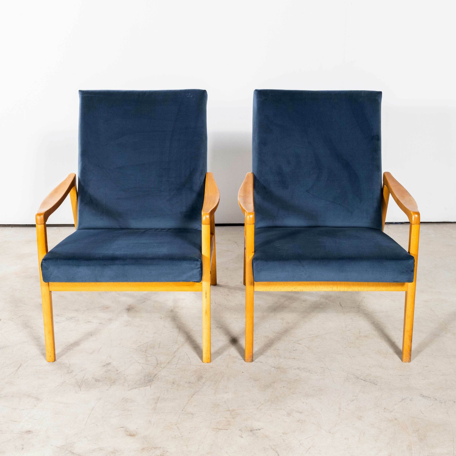 photo furniture 1950’s Jaroslav Smidek Original Re Upholstered Armchairs – Pair In Teal Blue