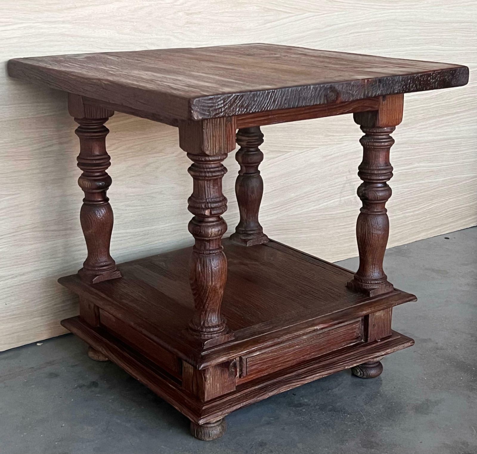 Pair Of Spanish Brutalist Walnut Side Or Coffee Tables With Low Shelve photo buy