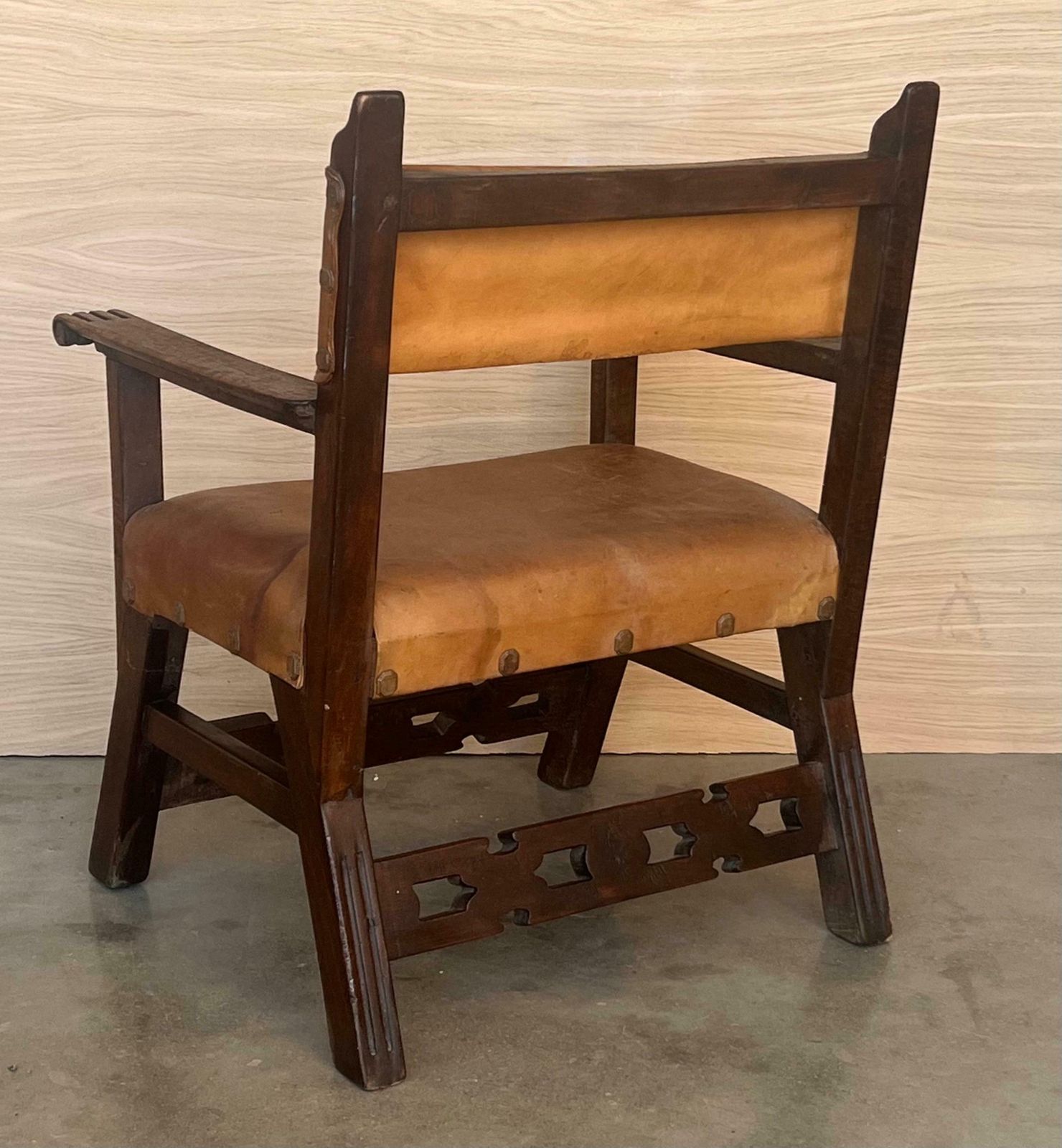 19th Century Spanish Pair Of Colonial Carved Armchairs With Leather Seat & Back photo vinterior