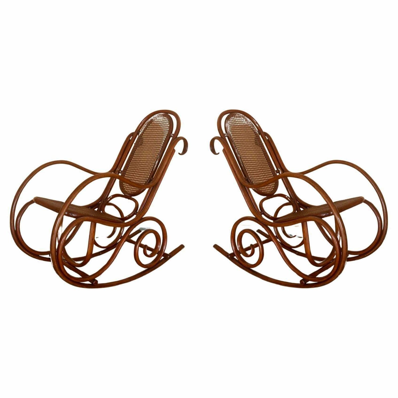 Pair Of Bentwood Rocking Chairs With Cane Seat And Back