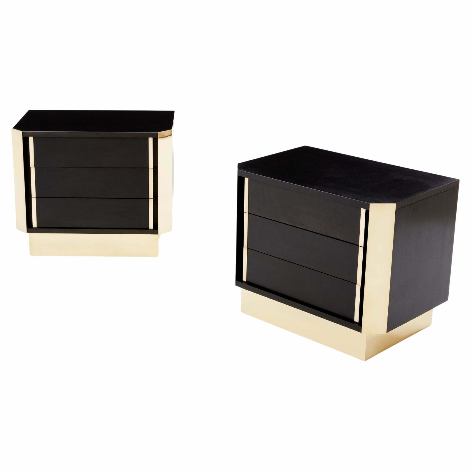 Pair Of Italian Nightstands Ebonized Oak Wood And Brass 1970s