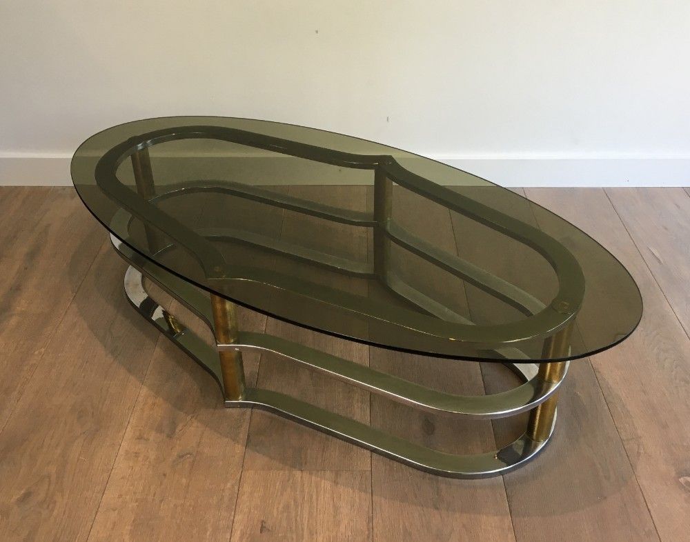Unusual Gold Gilt Brass And Chrome Design Coffee Table. French