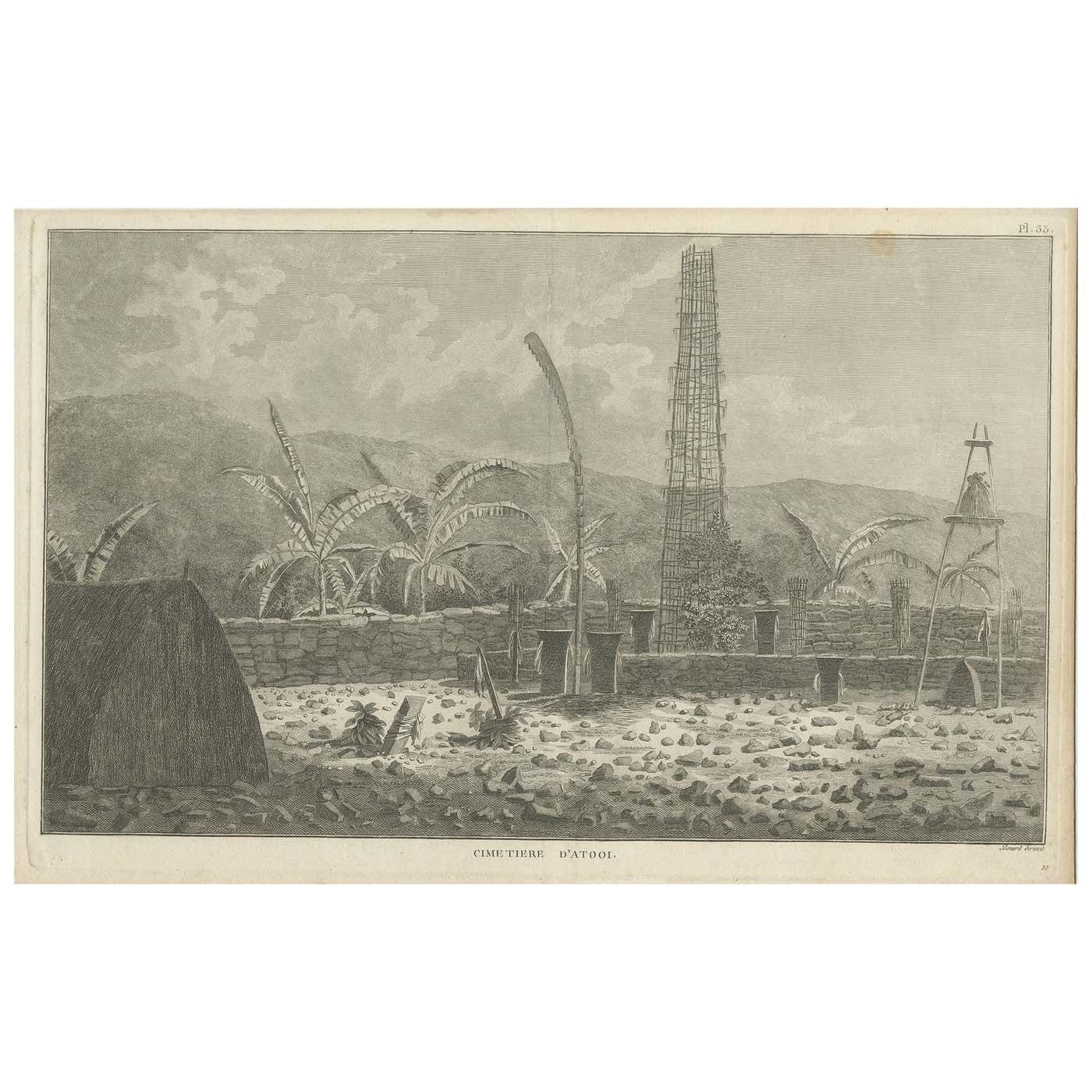 Antique Print Of A Sacred Cemetery On Kauai, Hawaii