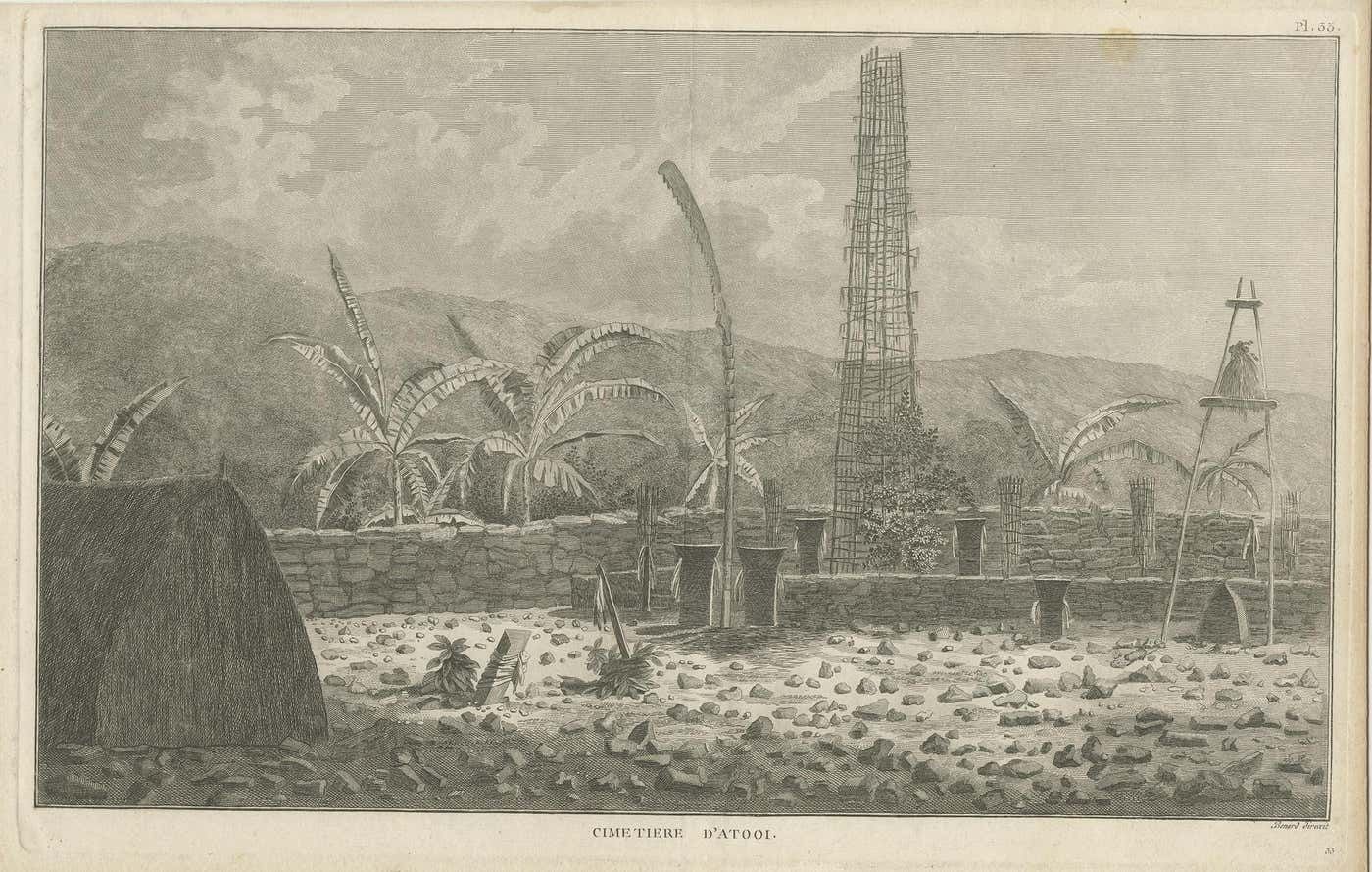 Antique Print Of A Sacred Cemetery On Kauai, Hawaii photo for sale