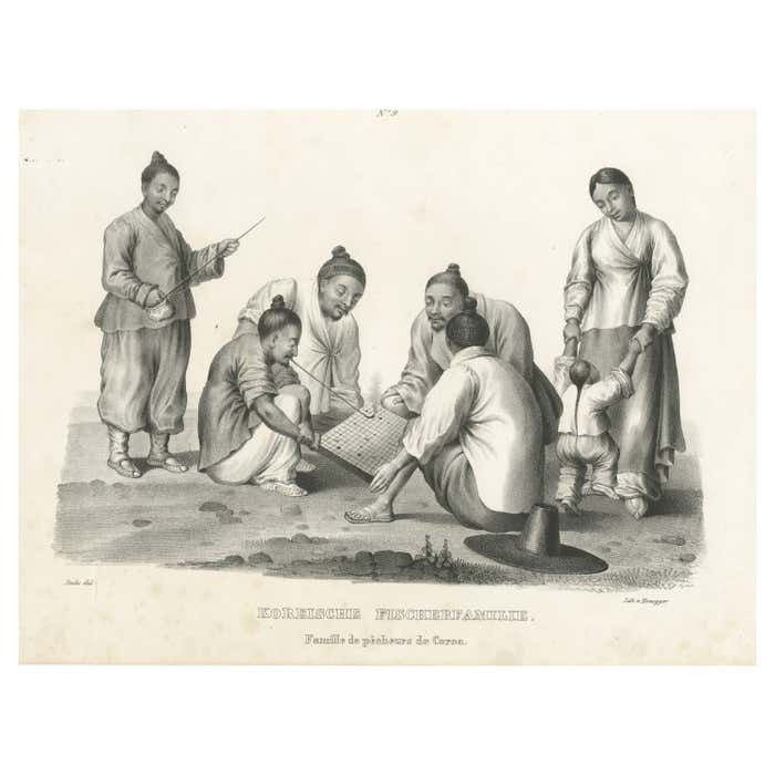 Antique Steel Engraved Print Showing A Family Of Fishermen From Korea
