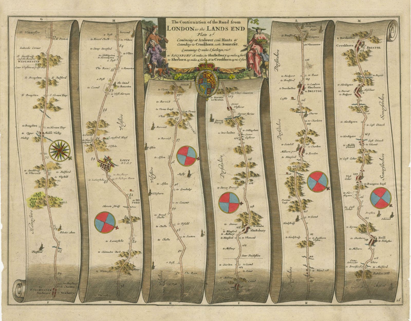 Original Antique Map Of The Road From Andover To Crewkerne photo for sale