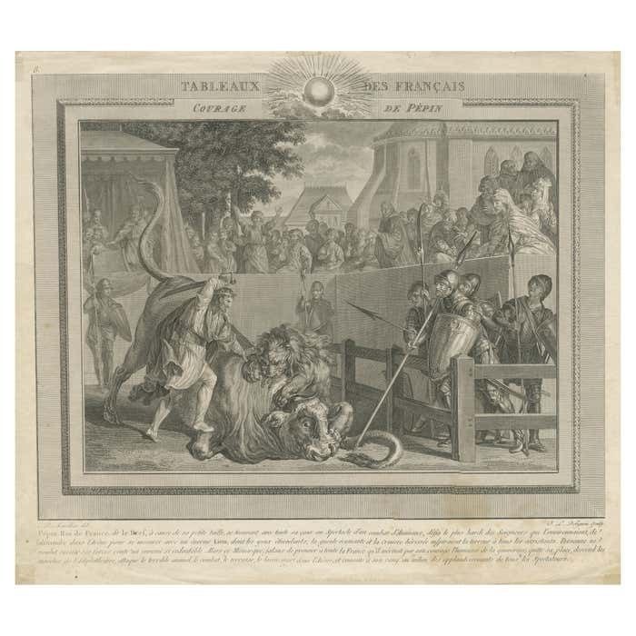 Antique Print Of The Bravery Of Pepin The Short, First King Of The Franks