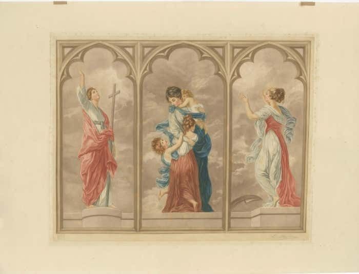 Large Mezzotint Of Three Women In Gothic Pointed Arches photo furniture