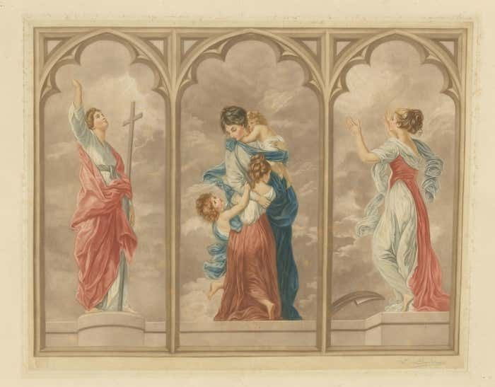 Large Mezzotint Of Three Women In Gothic Pointed Arches photo for sale