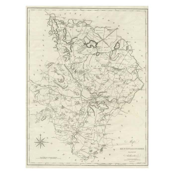 Large Antique County Map Of Huntingdonshire, England