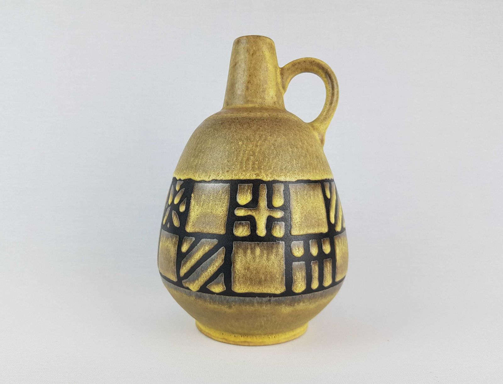 Vintage Ruscha Keramik Handled Yellow Beige Brown Vase 320/3 West German Pottery 1960s