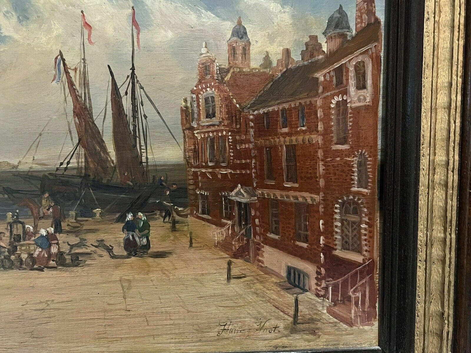 Art Antique Dutch Canal Scene Oil Painting, Signed F Knot In Frame photo