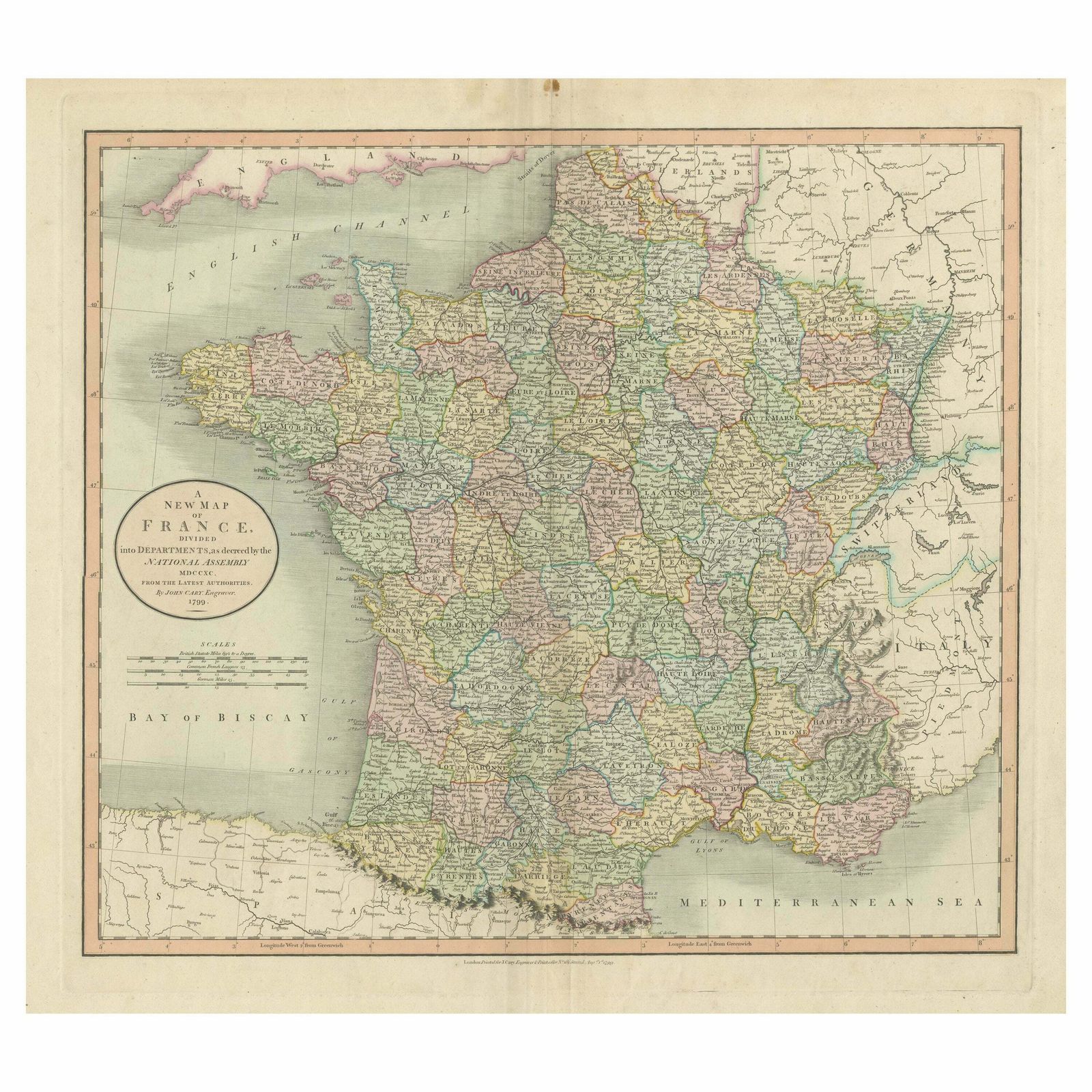Antique Map Of France Divided Into Departments, With Original Hand Coloring