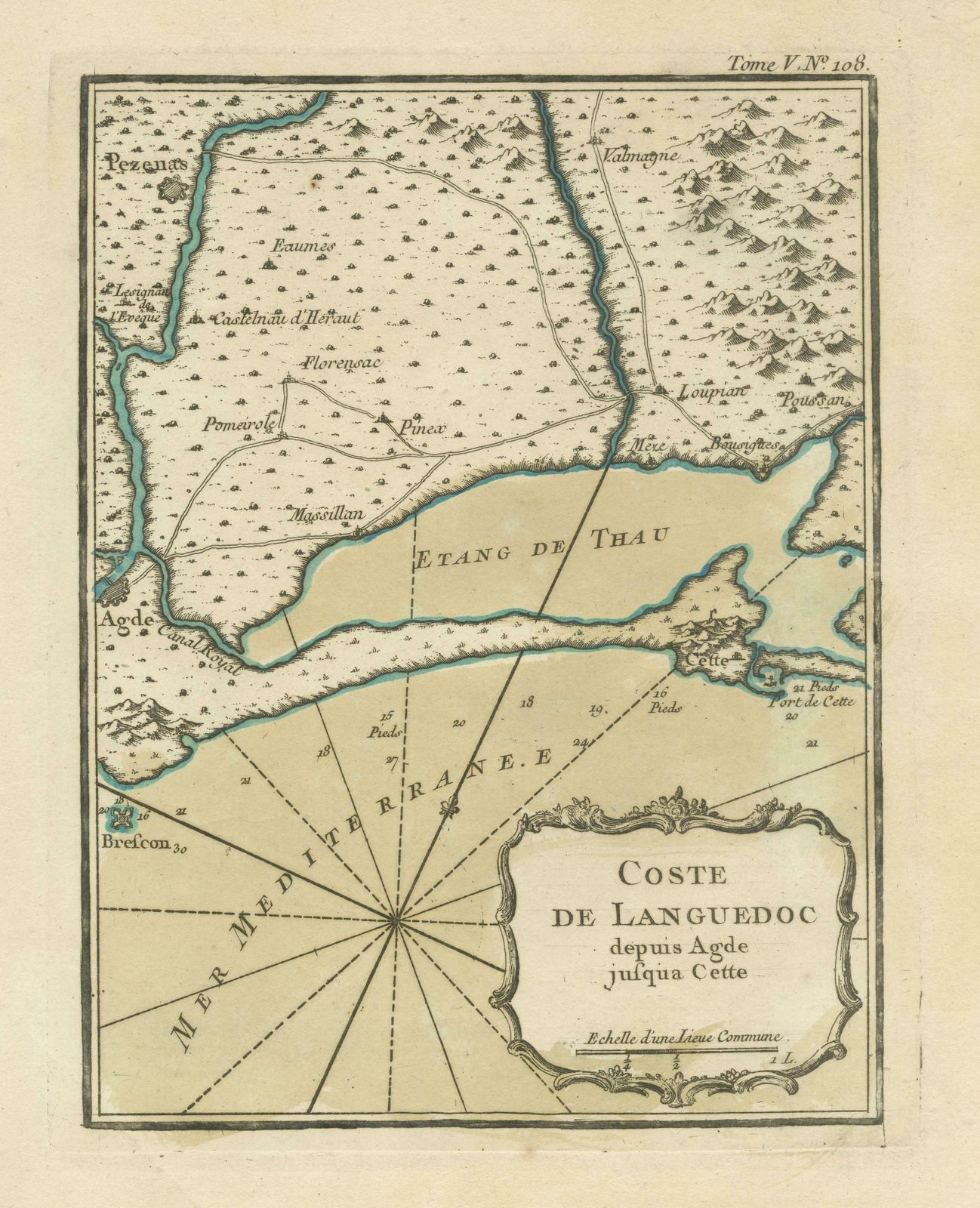 Antique Map Of The Languedoc Coast Between Agde And Sète 'Cette', France photo for sale