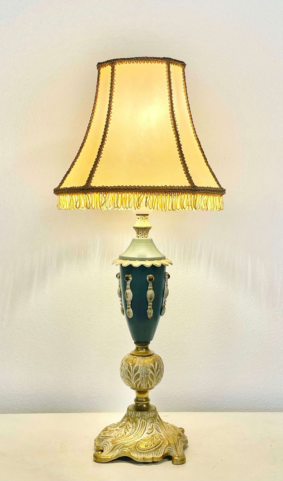 Vintage 1930s Art Deco Table Lamp In Brass And Blue Painted Metal With Beautiful Details And Beige Fabric Shade photo furniture