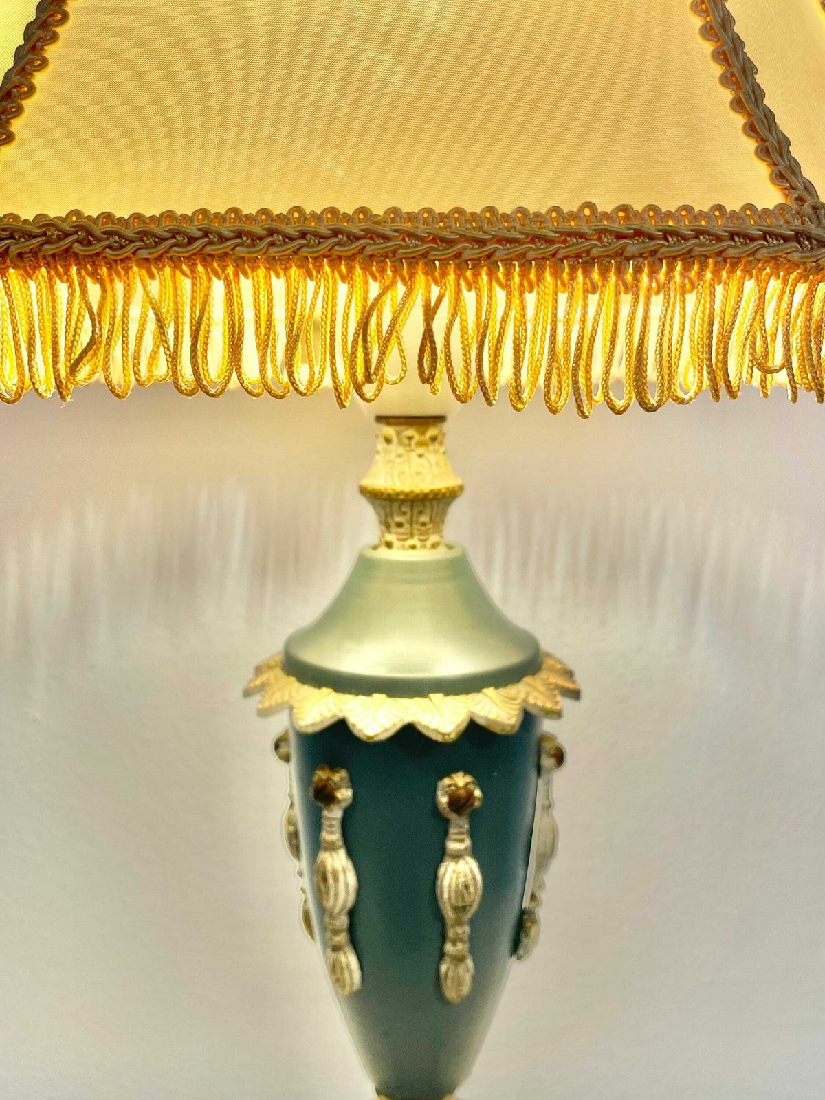 Vintage 1930s Art Deco Table Lamp In Brass And Blue Painted Metal With Beautiful Details And Beige Fabric Shade photo Lighting