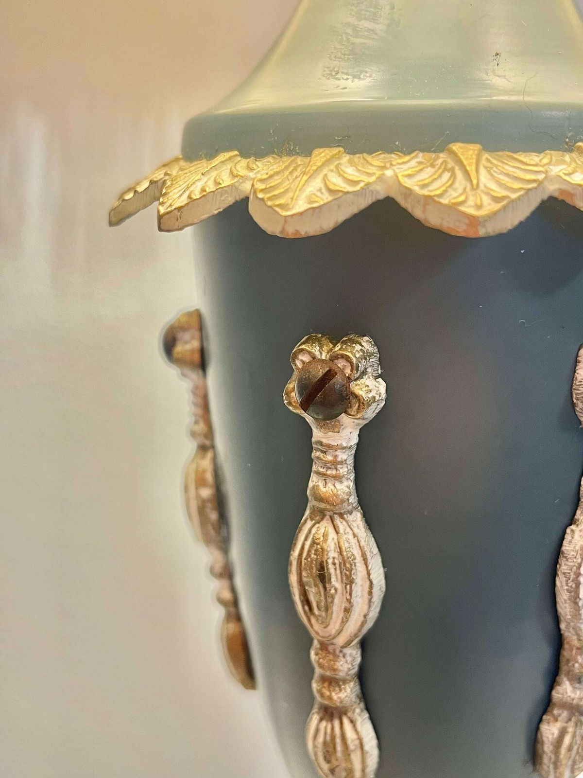 Vintage 1930s Art Deco Table Lamp In Brass And Blue Painted Metal With Beautiful Details And Beige Fabric Shade photo 231.0