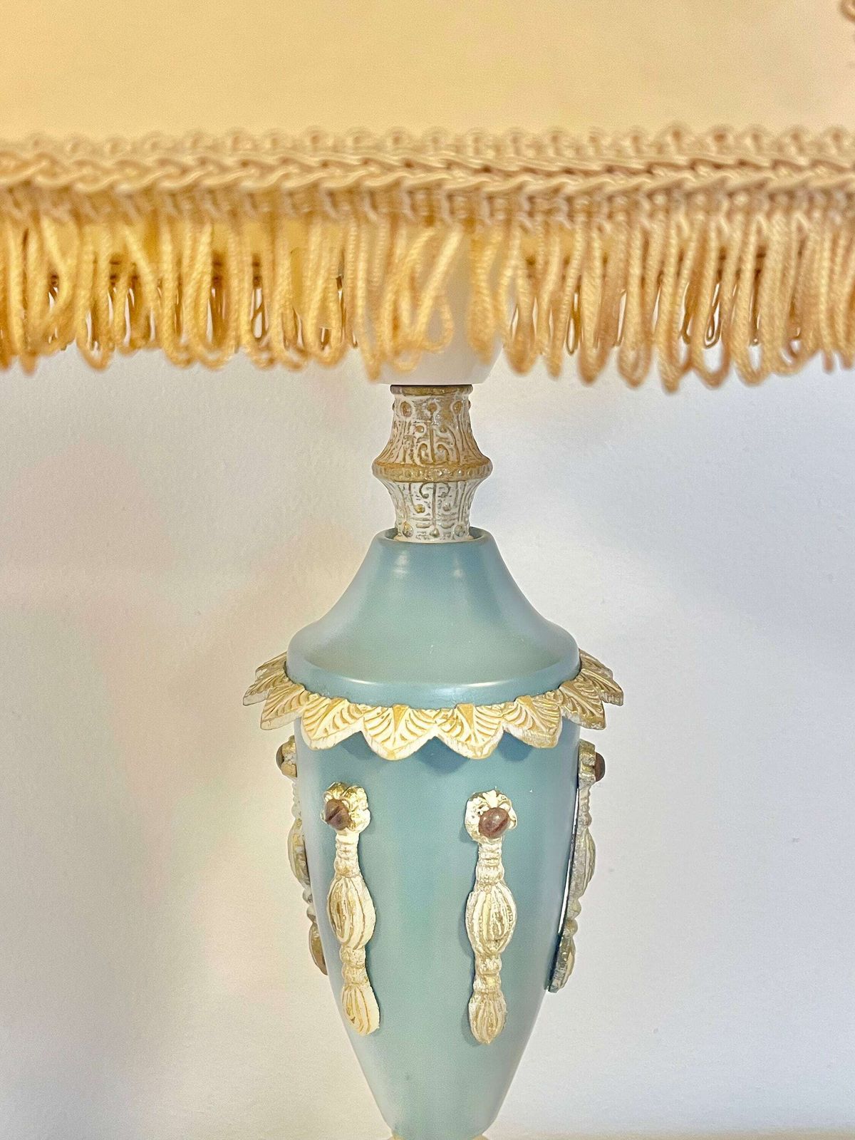 Vintage 1930s Art Deco Table Lamp In Brass And Blue Painted Metal With Beautiful Details And Beige Fabric Shade photo buy