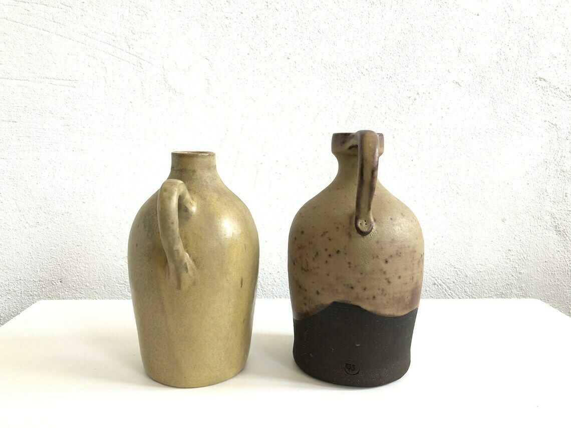 Two Danish Mid Century Ceramic Vases With Handles And Glaze In Earth Colors photo Home Decor