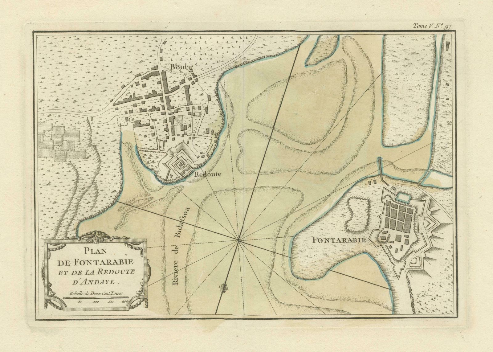 Antique Map Of Hondarribia Near The Bidasoa River, France & Spain photo for sale