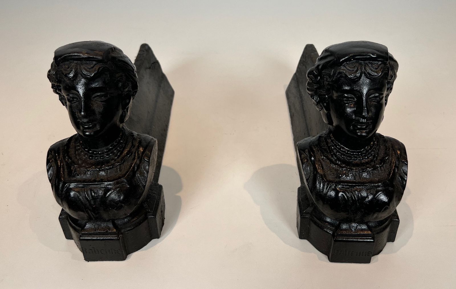 Pair Of Cast Iron Andirons With The Effigy Of An Italian Woman photo furniture
