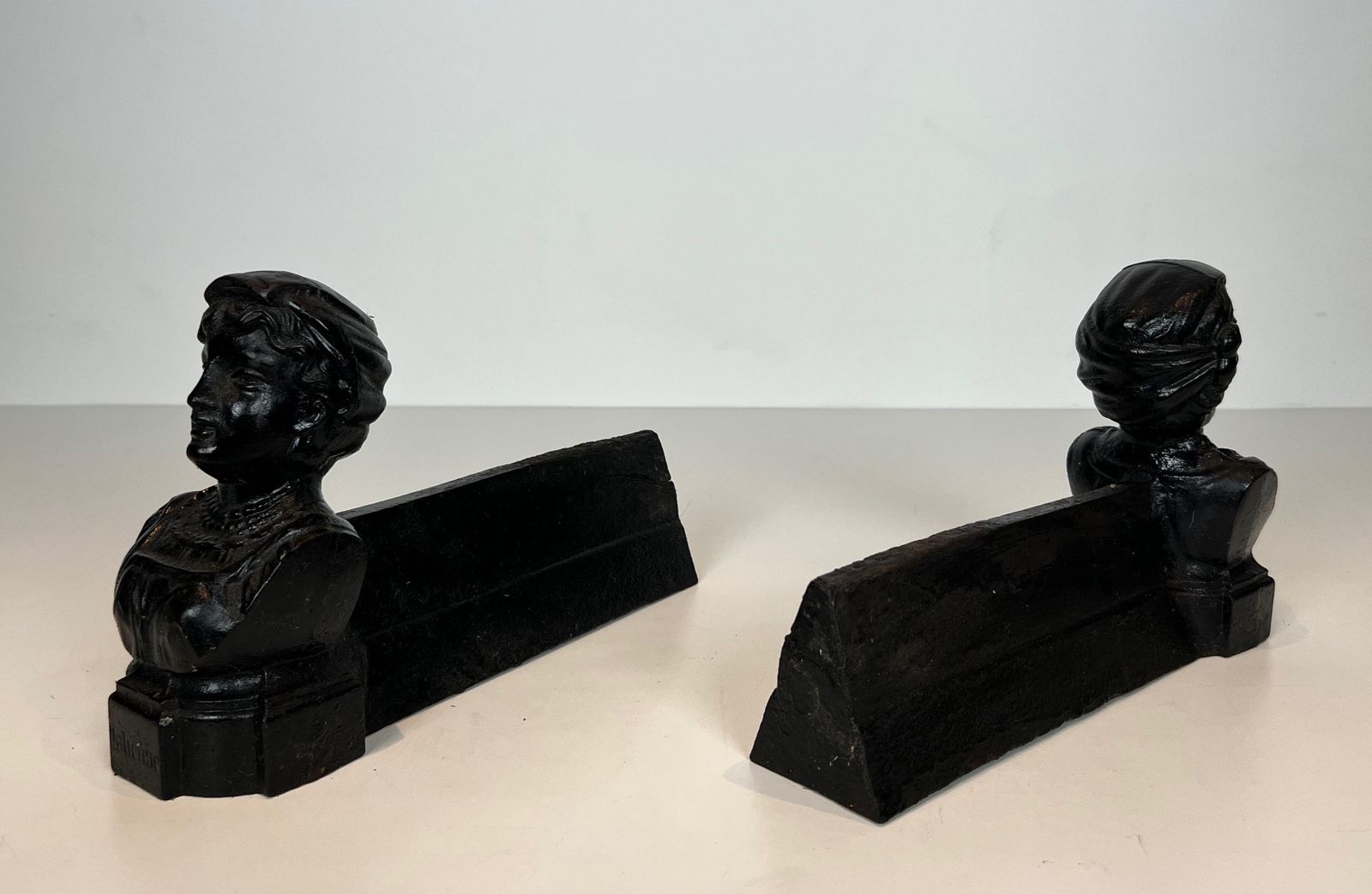 Pair Of Cast Iron Andirons With The Effigy Of An Italian Woman photo vinterior