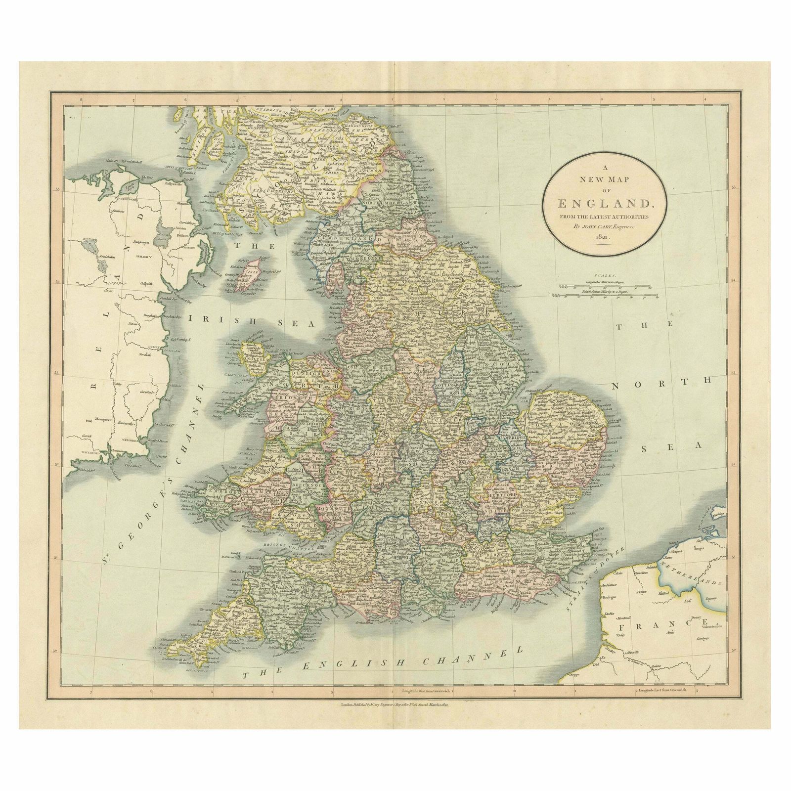 Large Antique Map Of England Hand Colored By Counties