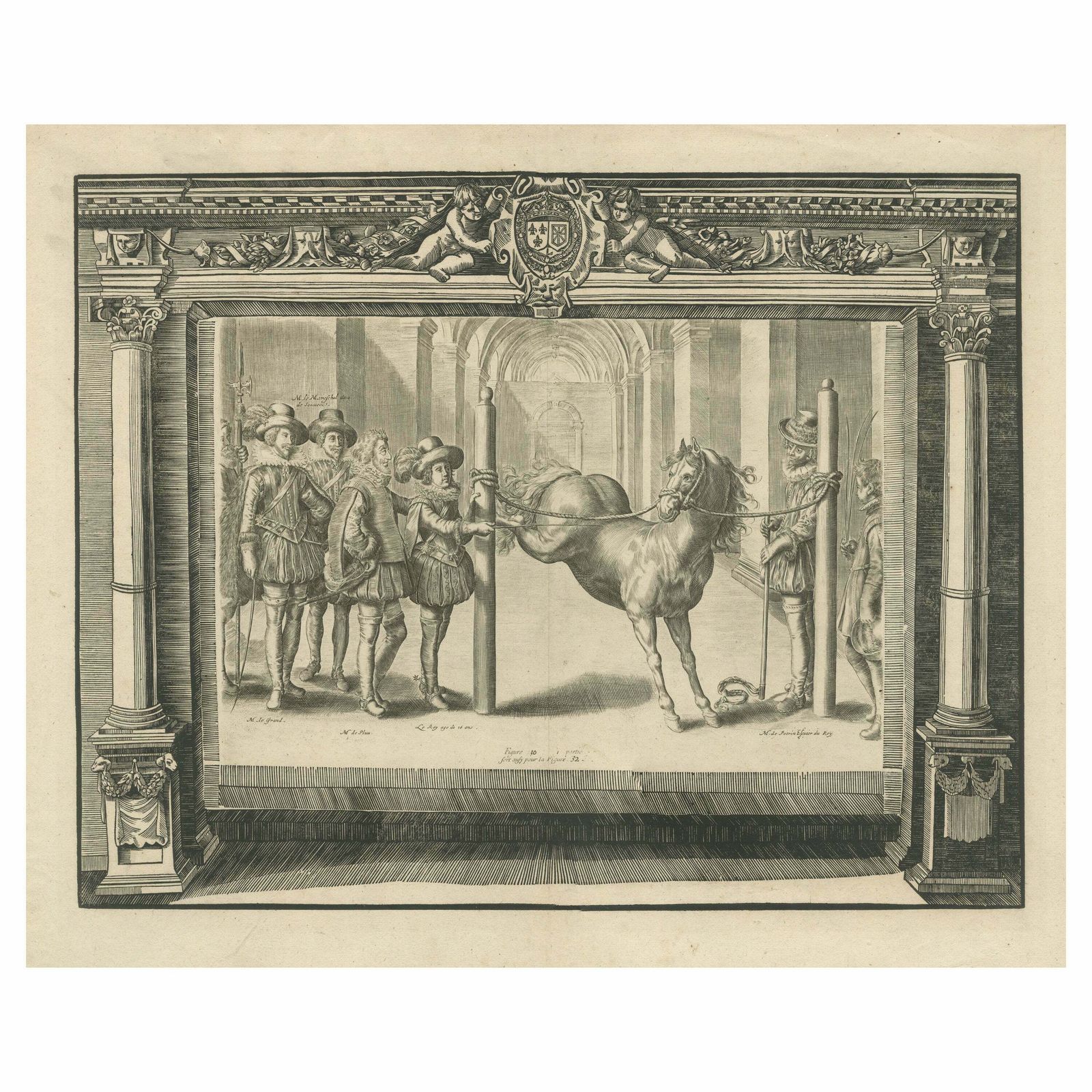 Antique Print Of The French King Louis XIII With Other Figures And A Horse