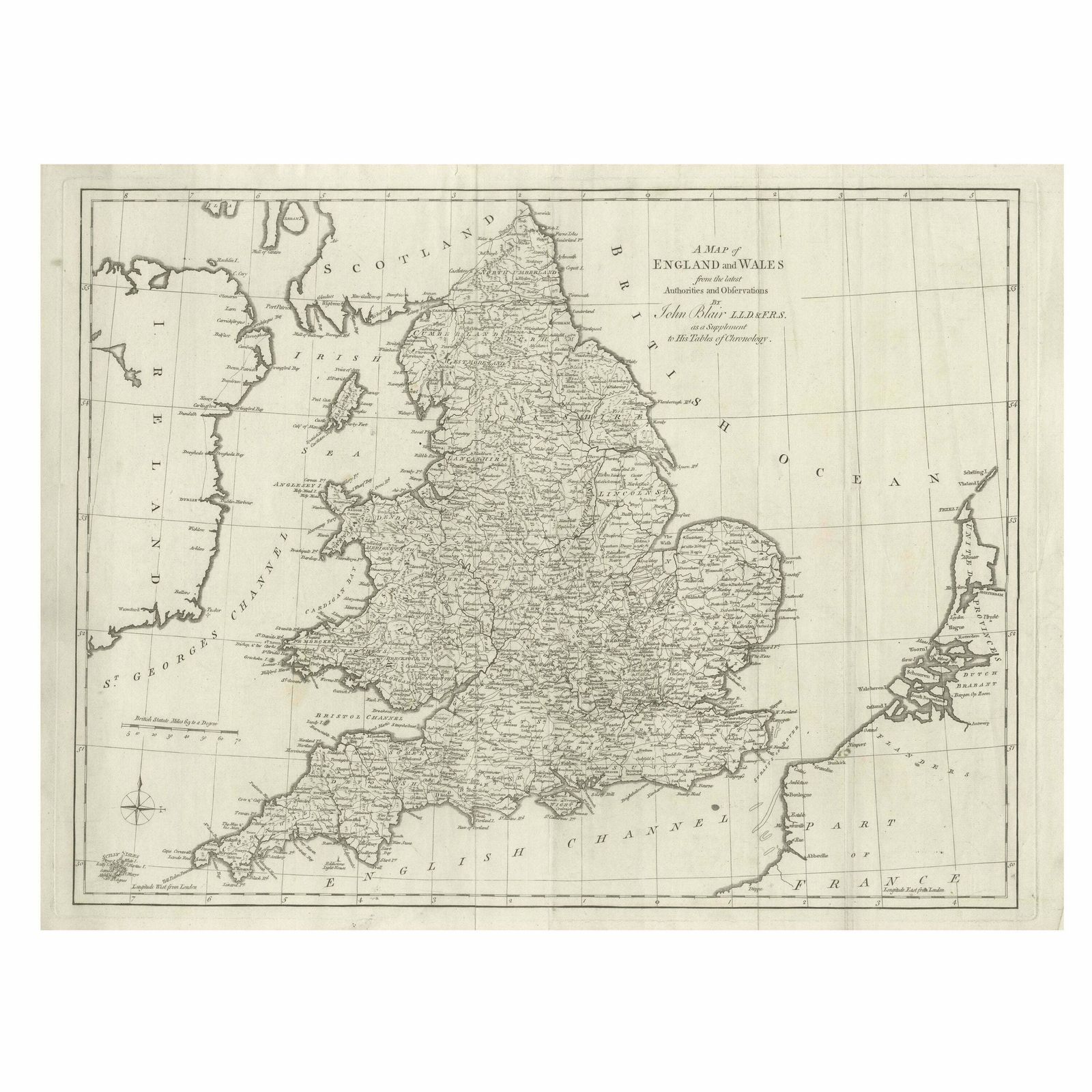 Large Antique Map England And Wales, With Part Of The Coastlines